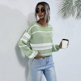 Women Knitted Sweater Autumn Long Sleeve Knitted Short Green Stripes