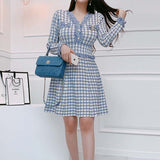 Women Maxi Dress Spring and Autumn V-neck Houndstooth Long Sleeve Knitted Dress