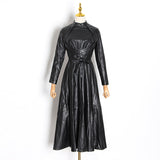 Women Dresses Spring New Stand Collar Long Sleeve Leather Skirt Dress (Qymy0409)