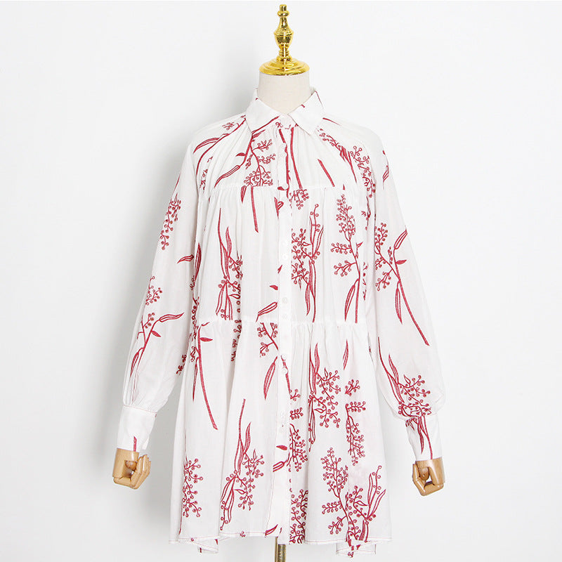 Women Dresses Spring Short Skirt Lapel Single Breasted Embroidered Blouse Long Sleeve Dress (Qymy0409)