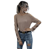 Women Knitted Sweater Autumn off-the-Shoulder Slim Fit Sweater Women's Hollow-out Long Sleeve Bottoming Sweater