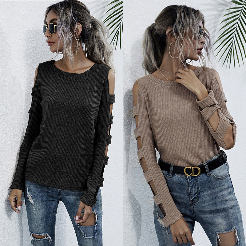 Women Knitted Sweater Autumn off-the-Shoulder Slim Fit Sweater Women's Hollow-out Long Sleeve Bottoming Sweater