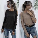 Women Knitted Sweater Autumn off-the-Shoulder Slim Fit Sweater Women's Hollow-out Long Sleeve Bottoming Sweater