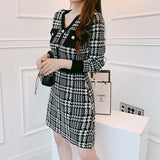 Women Maxi Dress Spring and Autumn V-neck Houndstooth Long Sleeve Knitted Dress