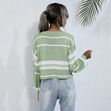 Women Knitted Sweater Autumn Long Sleeve Knitted Short Green Stripes