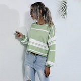 Women Knitted Sweater Autumn Long Sleeve Knitted Short Green Stripes