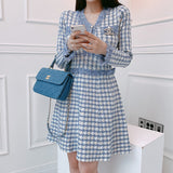 Women Maxi Dress Spring and Autumn V-neck Houndstooth Long Sleeve Knitted Dress