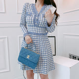 Women Maxi Dress Spring and Autumn V-neck Houndstooth Long Sleeve Knitted Dress