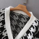 Women Sweater Knitwear Autumn Retro Houndstooth Brocade Sweater Coat V-neck Waist Trimming Short Knitted Cardigan