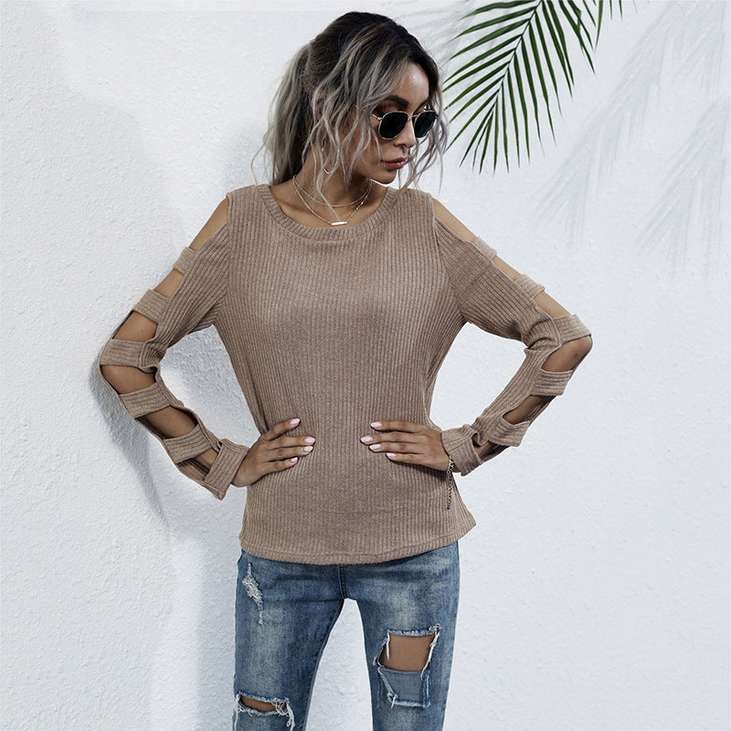 Women Knitted Sweater Autumn off-the-Shoulder Slim Fit Sweater Women's Hollow-out Long Sleeve Bottoming Sweater