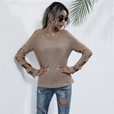 Women Knitted Sweater Autumn off-the-Shoulder Slim Fit Sweater Women's Hollow-out Long Sleeve Bottoming Sweater