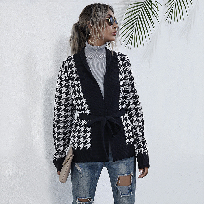 Women Knitted Sweater Autumn Long Sleeve Houndstooth Cardigan Knitted Chanel Style Sweater Coat
