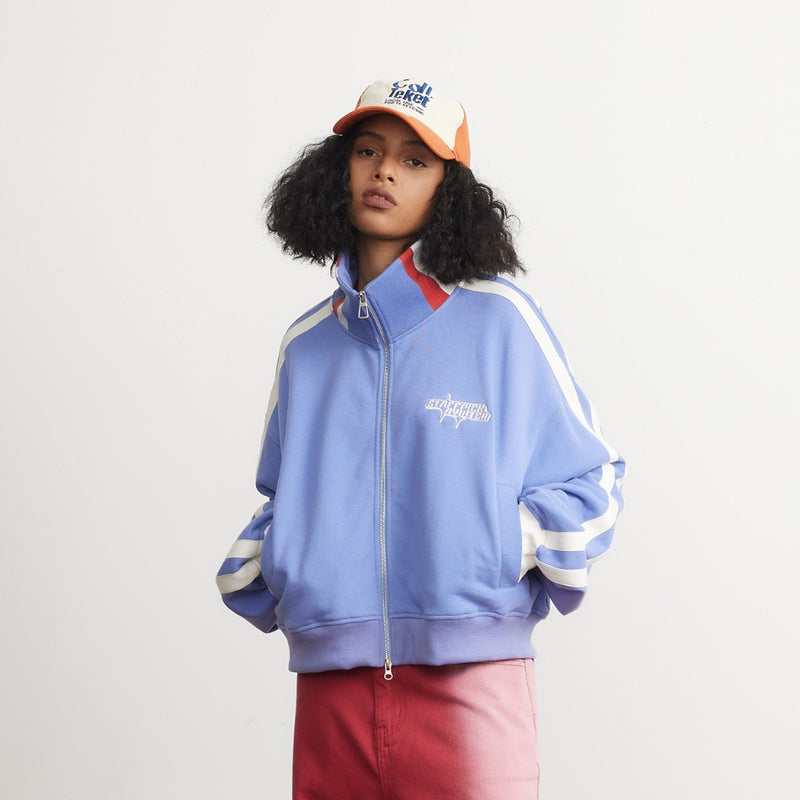 Unisex Jacket Vintage Stripe Short Sports Jacket Men's and Women's Slim Stand Collar Jacket