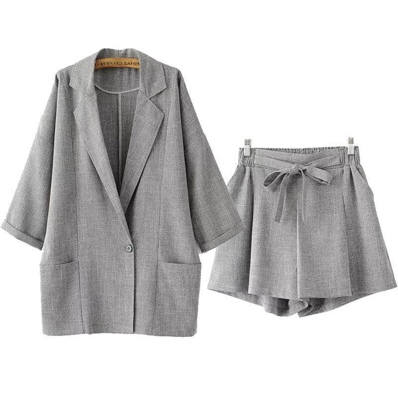 Women Suits Lapel Long Sleeve One Button Suit Coat Belt Wide Leg Shorts Suit