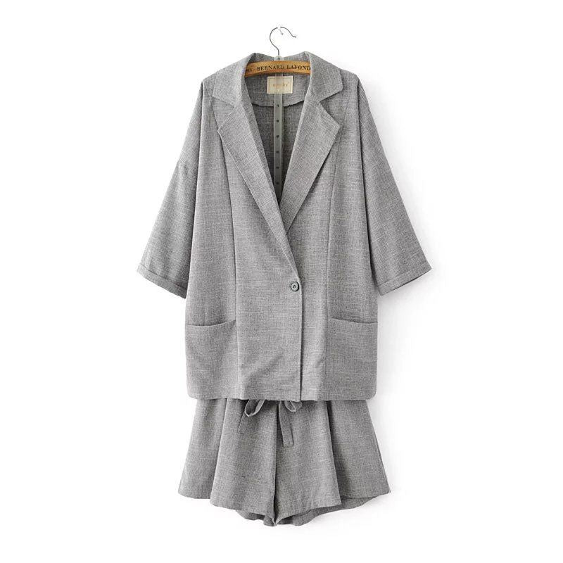 Women Suits Lapel Long Sleeve One Button Suit Coat Belt Wide Leg Shorts Suit