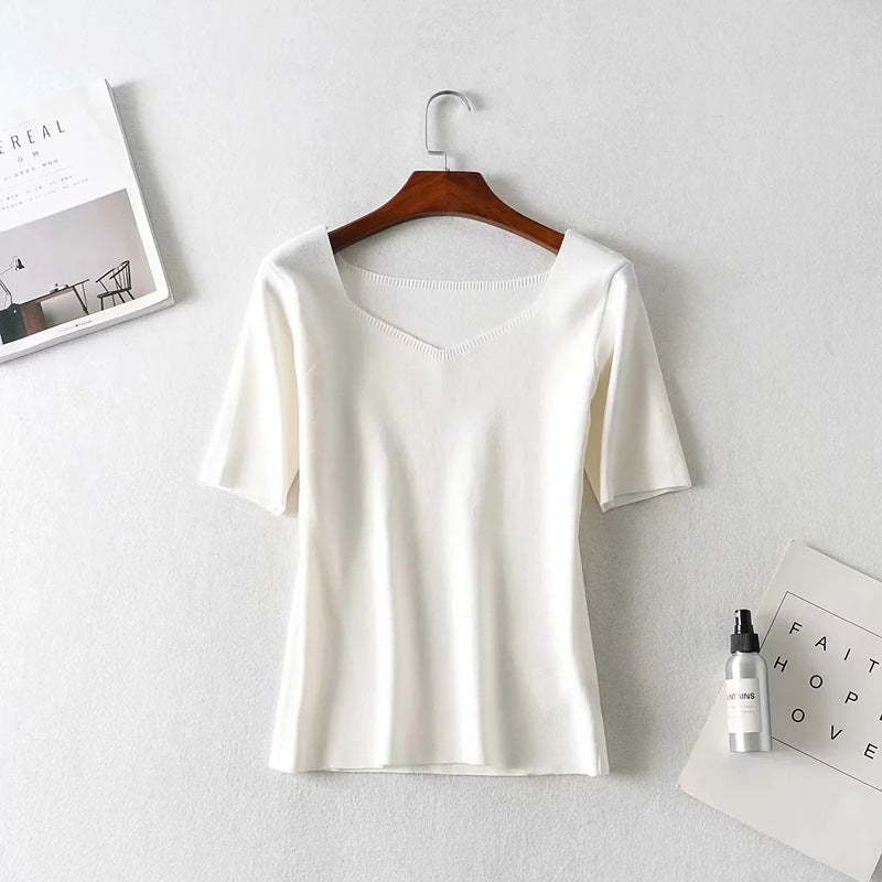 Women Sweater Knitwear Square Collar Short Sleeve Knitwear for Women