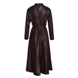 Women Dresses Spring New Stand Collar Long Sleeve Leather Skirt Dress (Qymy0409)