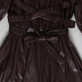 Women Dresses Spring New Stand Collar Long Sleeve Leather Skirt Dress (Qymy0409)