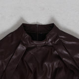 Women Dresses Spring New Stand Collar Long Sleeve Leather Skirt Dress (Qymy0409)