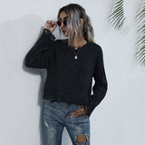 Women Knitted Sweater Autumn and Winter Leisure Ripped Long Sleeves Black Sweater