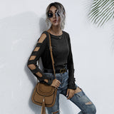 Women Knitted Sweater Autumn off-the-Shoulder Slim Fit Sweater Women's Hollow-out Long Sleeve Bottoming Sweater