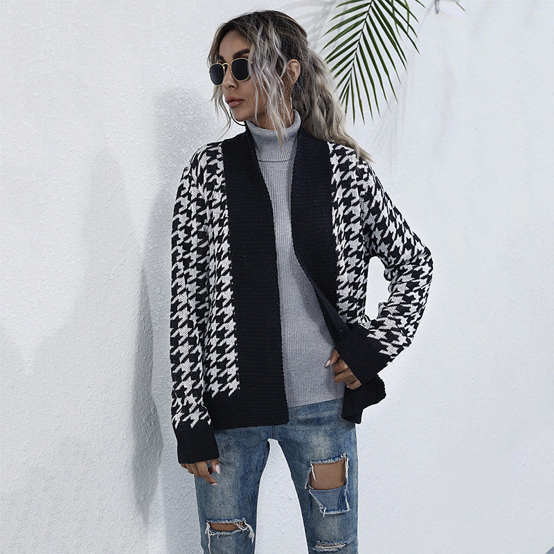 Women Knitted Sweater Autumn Long Sleeve Houndstooth Cardigan Knitted Chanel Style Sweater Coat