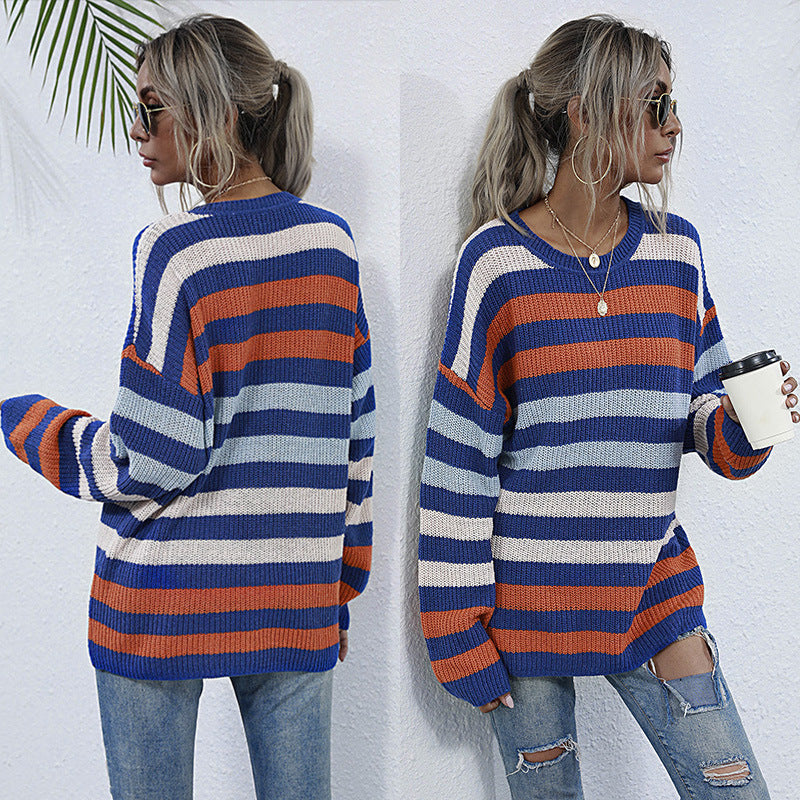 Women Knitted Sweater Autumn Striped Crew Neck Long Sleeves