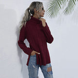 Women Knitted Sweater Autumn Turtleneck Long Sleeve Mid-Length Red Sweater