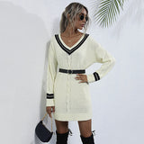 Women Knitted Sweater Autumn Stitching V-neck Knitted Sweater Dress