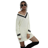 Women Knitted Sweater Autumn Stitching V-neck Knitted Sweater Dress