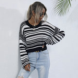 Women Knitted Sweater Autumn Crew Neck Long Sleeve Bottoming Sweater Short Striped Sweater