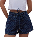 Women's high-waisted denim shorts - cross-border, hot girl summer style, european & american casual, straight leg, crochet detail, drawstring, amazon women's fashion