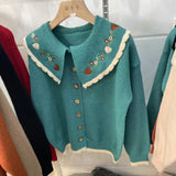 Women Knitwear Spring and Autumn Retro Peter Pan Collar Embroidered Sweater Loose Knitted Cardigan