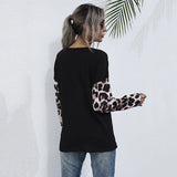 Women Knitted Sweater Autumn Long Sleeve Loose Black Leopard Splicing