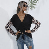 Women Knitted Sweater Autumn Long Sleeve Loose Black Leopard Splicing