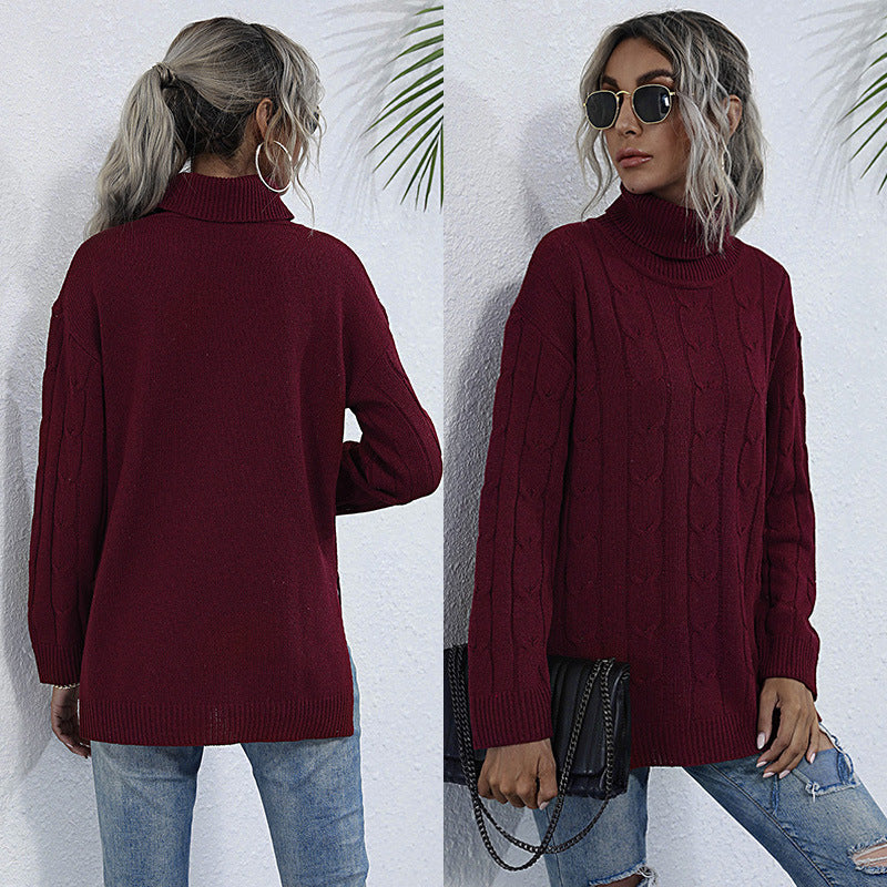 Women Knitted Sweater Autumn Turtleneck Long Sleeve Mid-Length Red Sweater