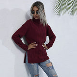 Women Knitted Sweater Autumn Turtleneck Long Sleeve Mid-Length Red Sweater