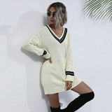 Women Knitted Sweater Autumn Stitching V-neck Knitted Sweater Dress