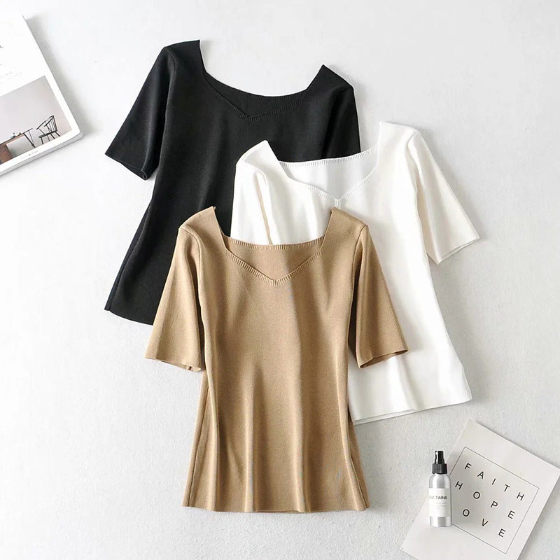 Women Sweater Knitwear Square Collar Short Sleeve Knitwear for Women