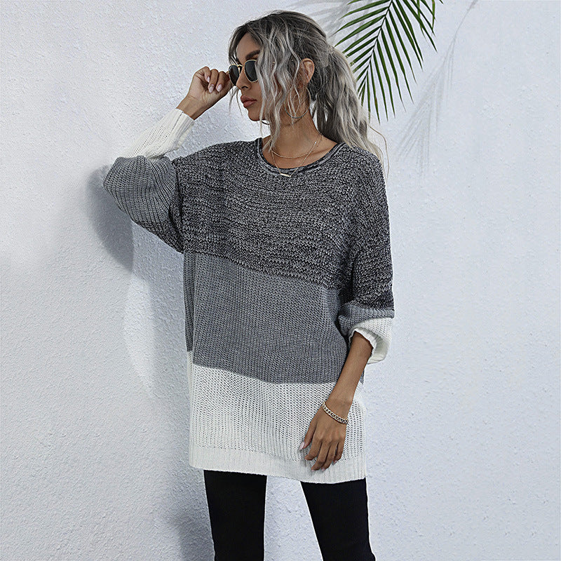 Women Knitted Sweater round Neck Long Sleeve Contrast Color Knitted Sweater Female Autumn