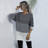 Women Knitted Sweater round Neck Long Sleeve Contrast Color Knitted Sweater Female Autumn