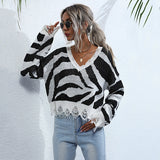 Women Knitted Sweater Autumn Zebra Pattern Knitted V-neck Women's Loose