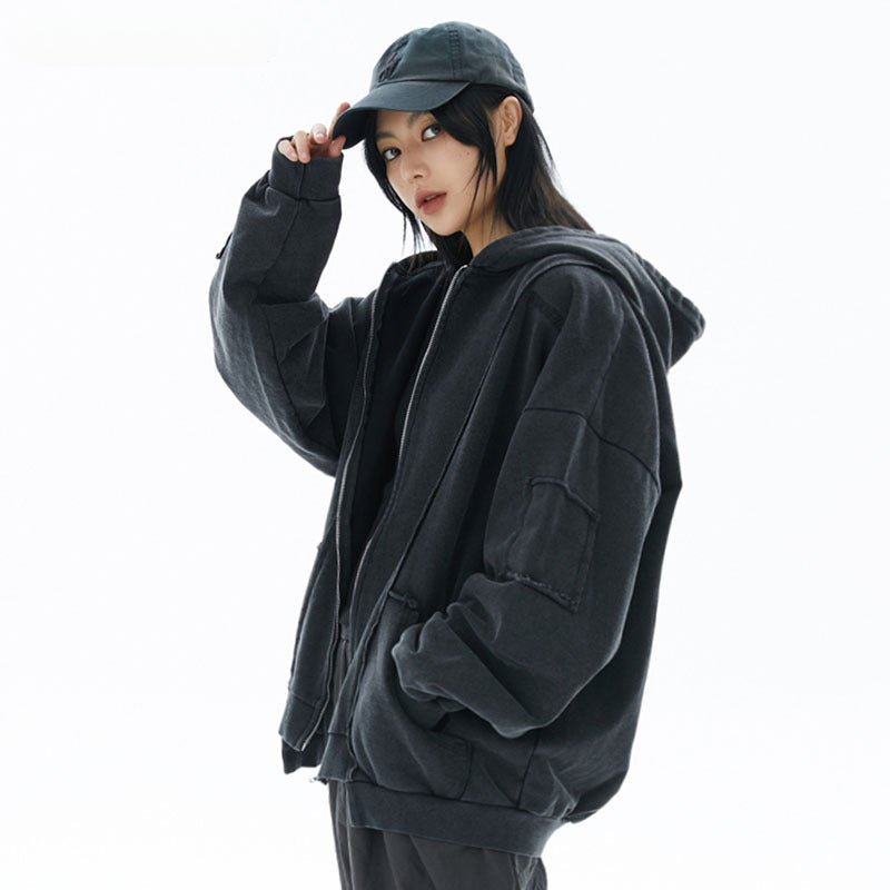 Men Hoodie Washed Distressed Hooded Sweater Men and Women Hip Hop Retro Couple Zipper Jacket
