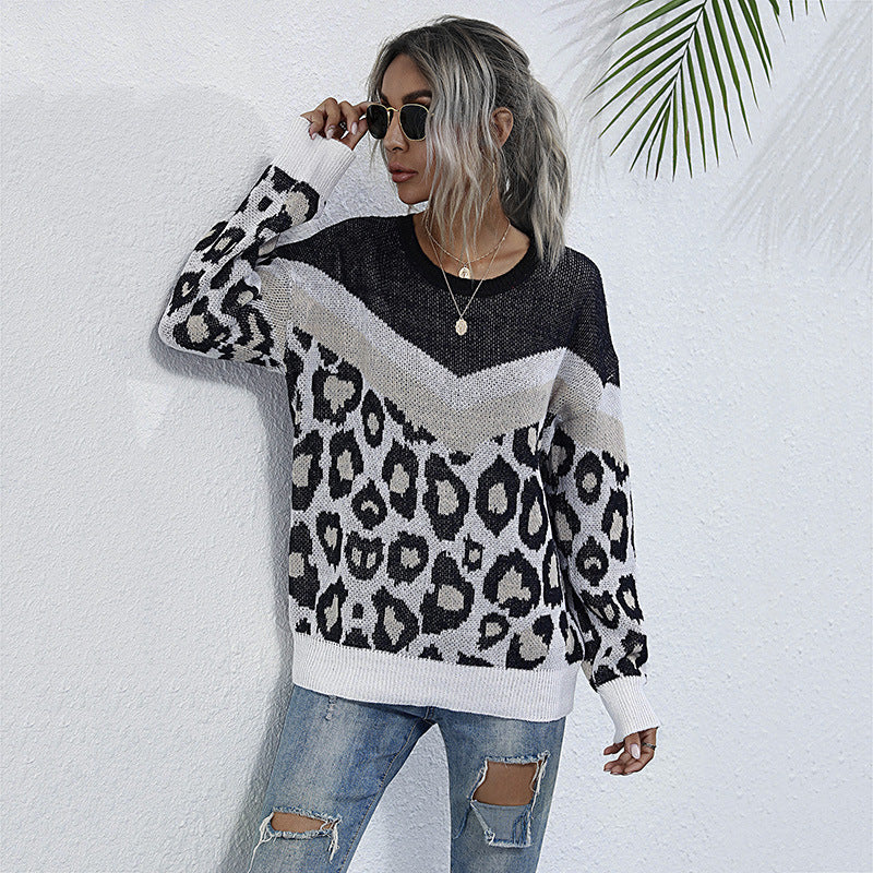 Women Knitted Sweater Autumn Leopard Print Color Matching Long Sleeve Loose round Neck Knitted Sweater