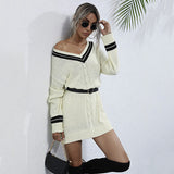 Women Knitted Sweater Autumn Stitching V-neck Knitted Sweater Dress