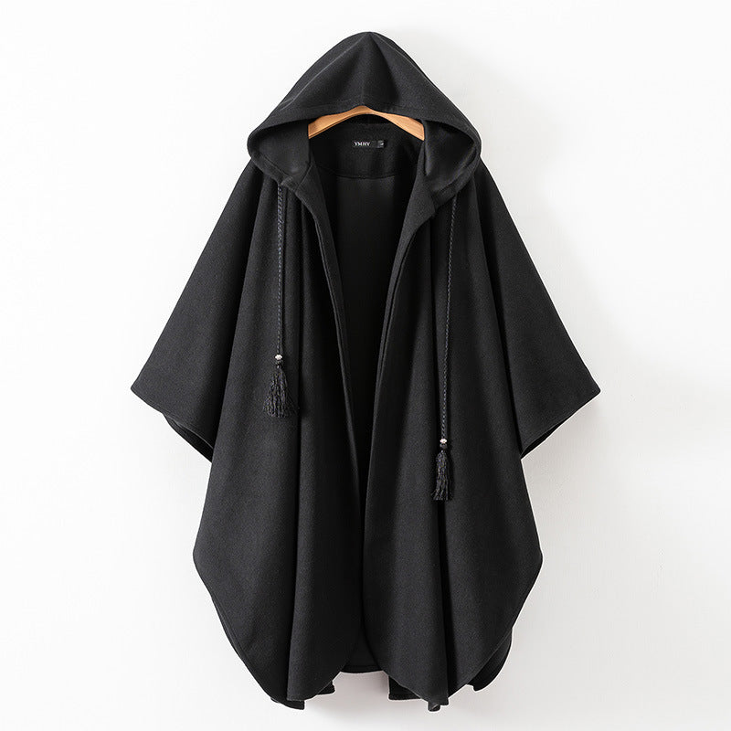 Women Woolen Coat Autumn and Winter Black Loose Hooded Long Cape Woolen Coat