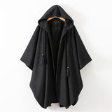 Women Woolen Coat Autumn and Winter Black Loose Hooded Long Cape Woolen Coat