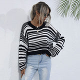 Women Knitted Sweater Autumn Crew Neck Long Sleeve Bottoming Sweater Short Striped Sweater