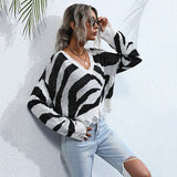 Women Knitted Sweater Autumn Zebra Pattern Knitted V-neck Women's Loose