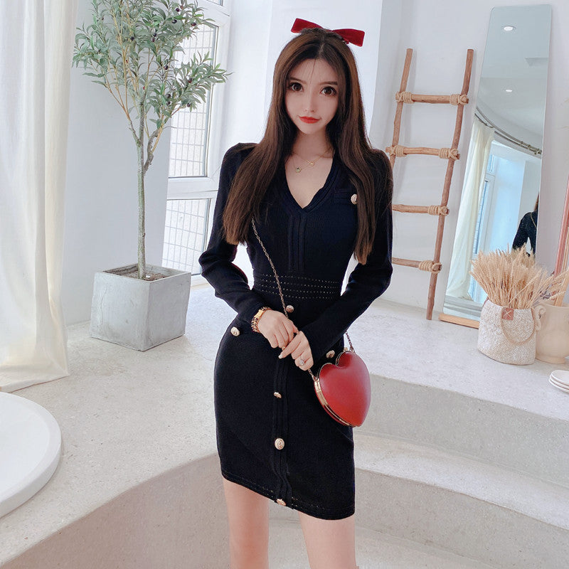 Women Maxi Dress Autumn and Winter V-neck Mid-Length Single-Breasted Long Sleeve Hip Knitwear Dress
